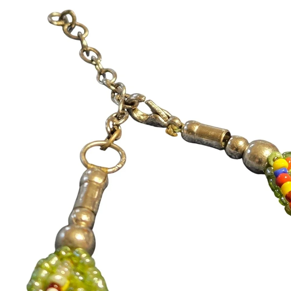 Multistrand Green Beaded Statement Necklace Large Mosaic Pendant Boho Artisan